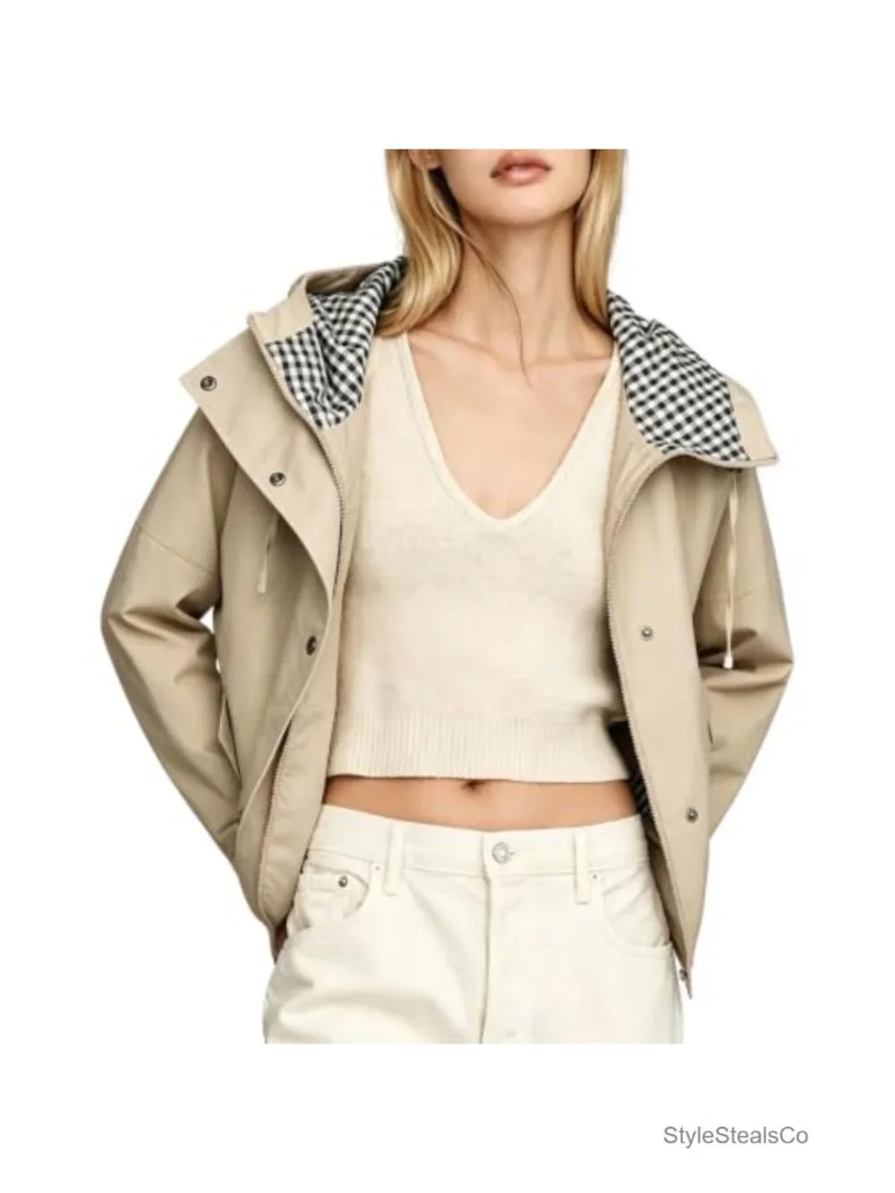 Womens Oversize Trench Coat Plaid Lining Hooded Zip Up Windbreaker